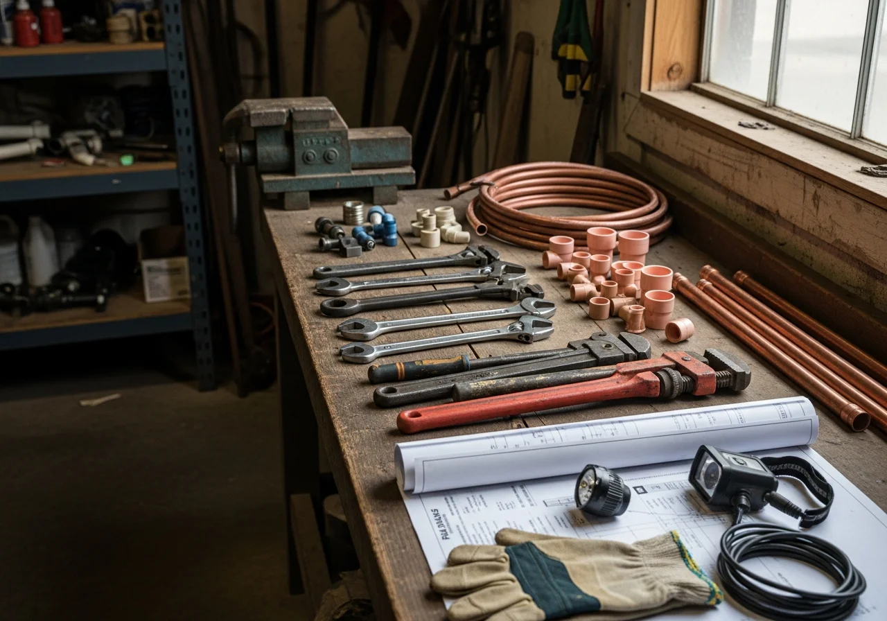 Plumbing tools and equipment arranged on a work surface, representing professional service readiness.