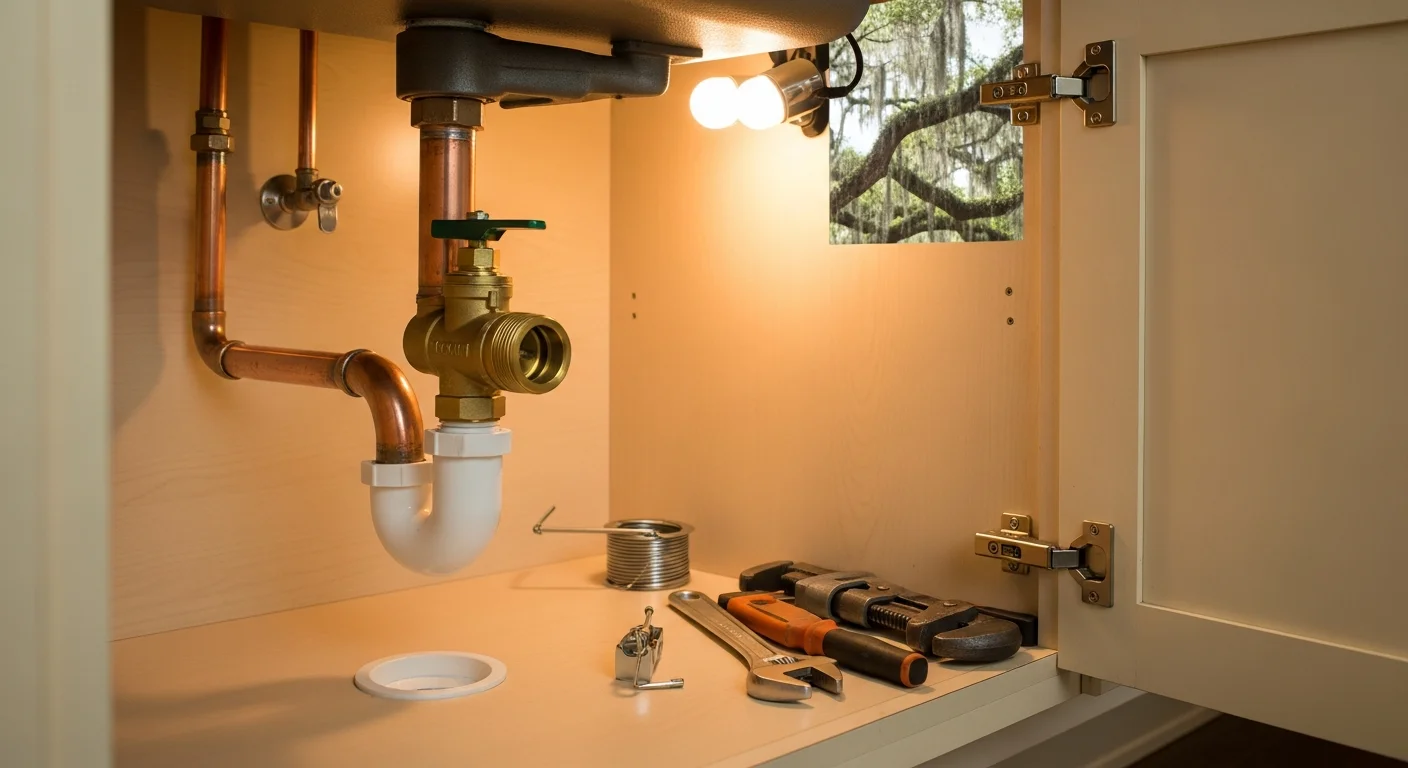 Licensed plumber performing water leak repair in residential home