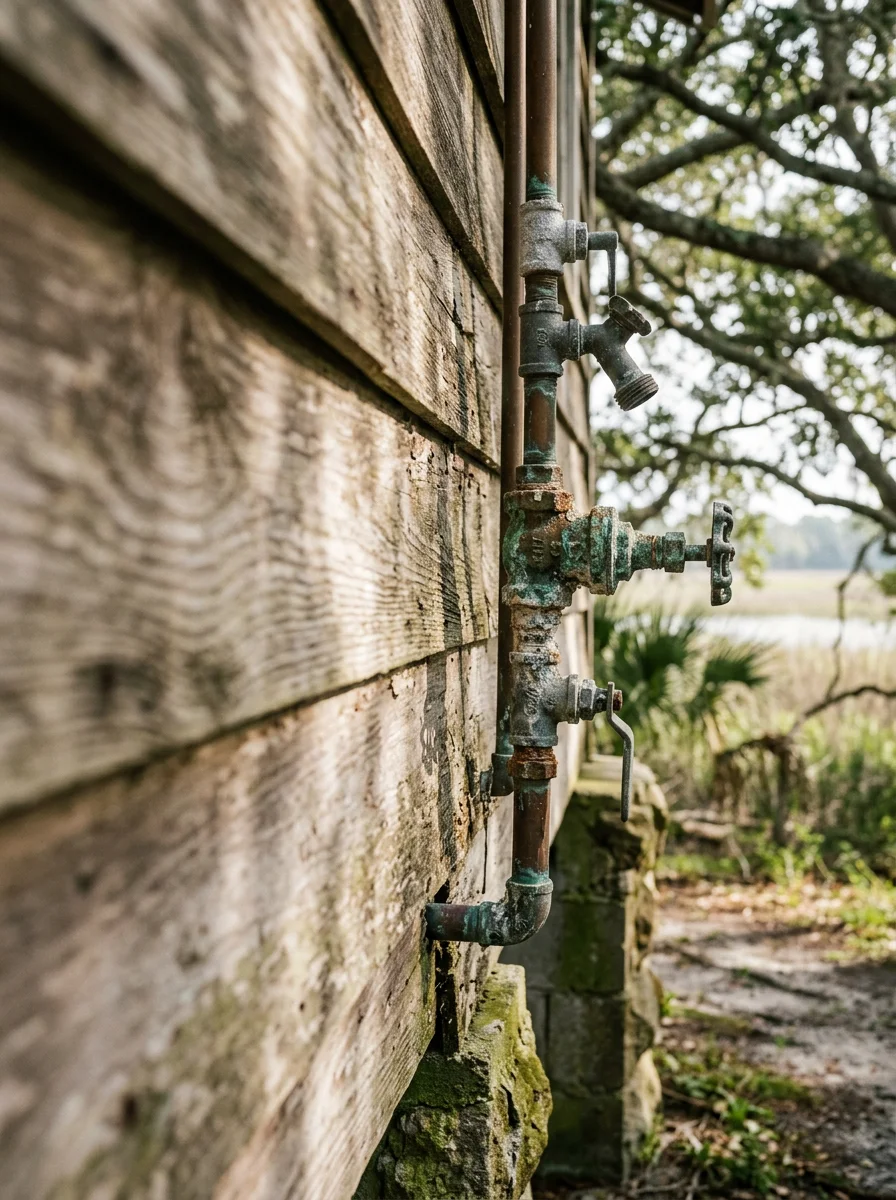 Historic fishing cottage in Shellman Bluff with corroded outdoor plumbing fixtures showing salt-air damage