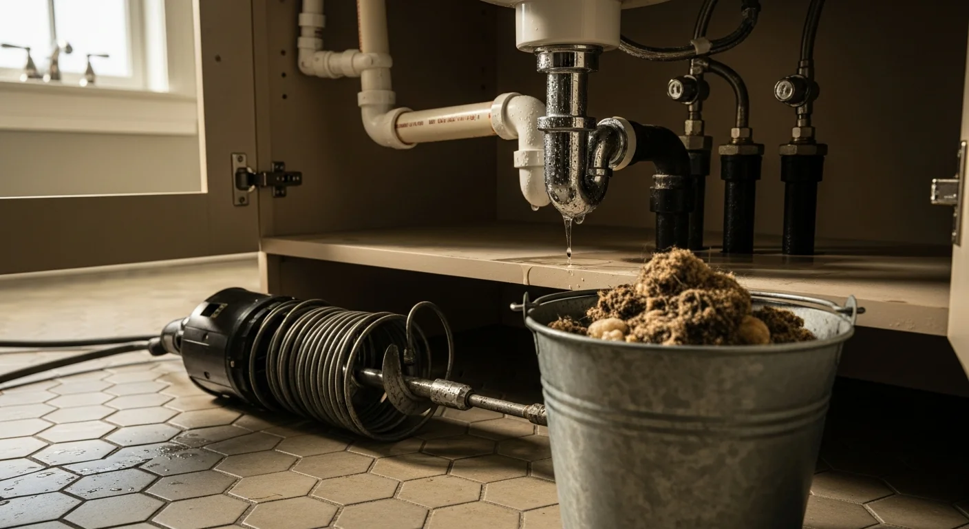A Putts Plumbing licensed plumber clearing a blocked kitchen sink drain inside a Hellman Bluff home. The drain line is open and water flows freely after the clog removal service.