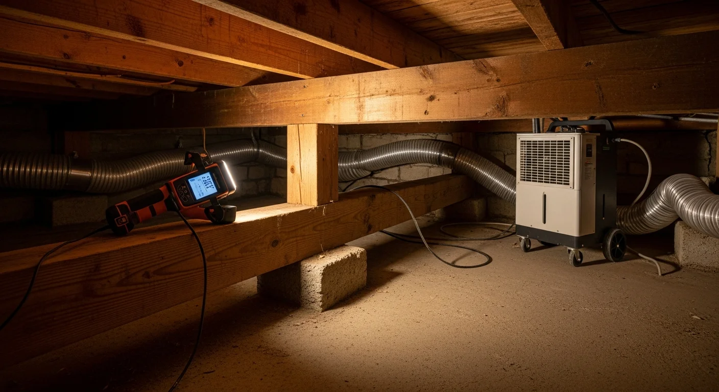 A Putts Plumbing technician using a moisture meter on the interior wall of a Craftsman bungalow in Hellman Bluff, Long Beach, following a water damage inspection. Industrial dehumidification equipment is visible on the floor nearby.