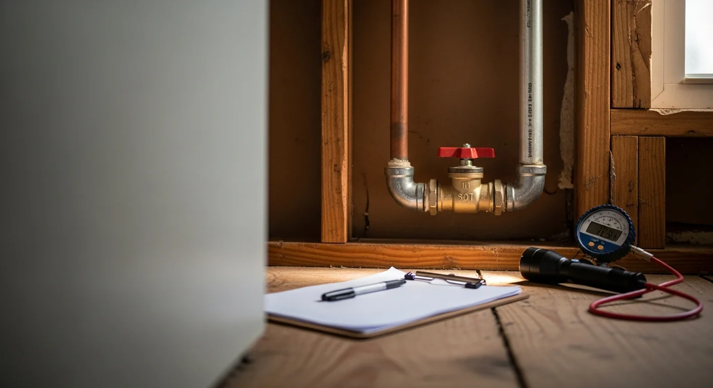 A Putts Plumbing plumber inspecting exposed water supply pipes and shut-off valves beneath a kitchen sink in a Hellman Bluff home. The plumber uses a flashlight to check pipe joints and connections for signs of corrosion or leaks.