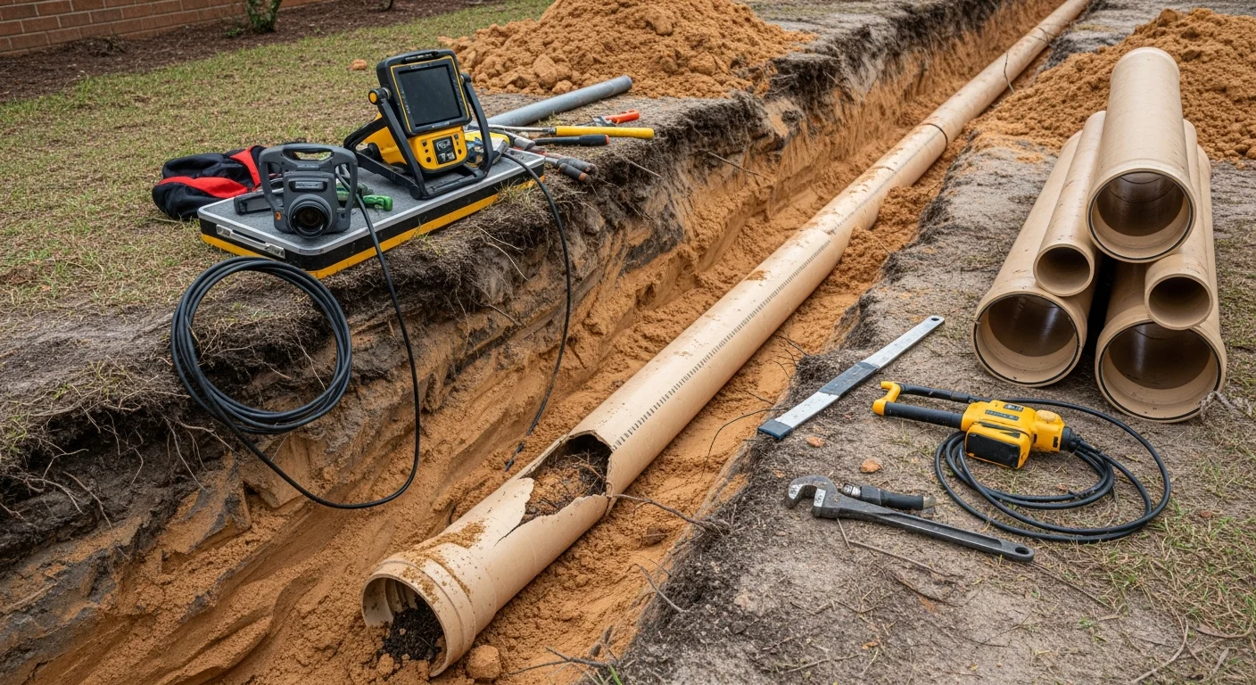 A plumber running a sewer camera inspection on a residential sewer line at a coastal Georgia property in Hellman Bluff. The image shows the camera feed displaying the interior of a pipe with visible root intrusion and joint separation.