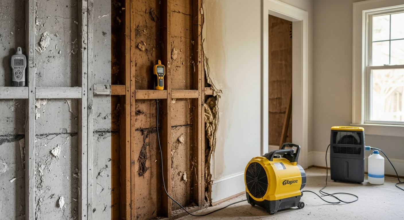 A Putts Plumbing technician placing commercial air movers and a dehumidifier in a water-damaged room of a craftsman-style home in Hellman Bluff. Moisture meter readings are visible on the wall surface near the baseboards.