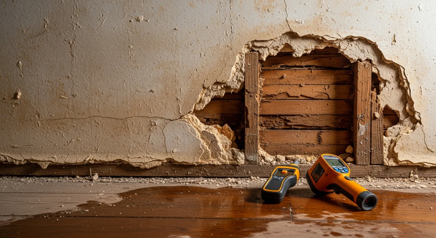 A Putts Plumbing technician using a moisture meter on the interior wall of a historic Craftsman bungalow in Hellman Bluff, Long Beach, during a water damage assessment. The image shows visible water staining near the baseboard and the technician recording moisture readings on a clipboard.