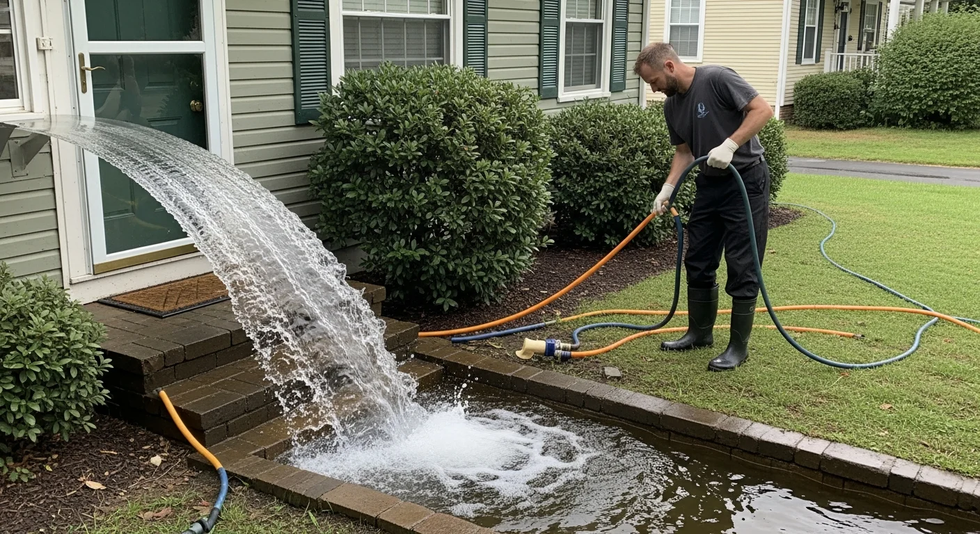 A water extraction technician using an industrial pump to remove standing water from the hardwood floor of a historic Craftsman-style home in Hellman Bluff. Wet flooring and baseboards are visible with extraction hoses running toward the front door.
