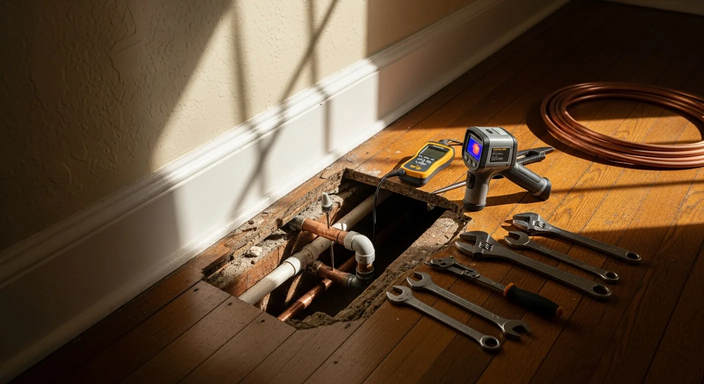 A Putts Plumbing plumber repairing a corroded water supply pipe inside the wall of a historic Craftsman bungalow in Hellman Bluff, Long Beach. The repaired pipe section is exposed with new fittings installed and no visible moisture damage remaining.