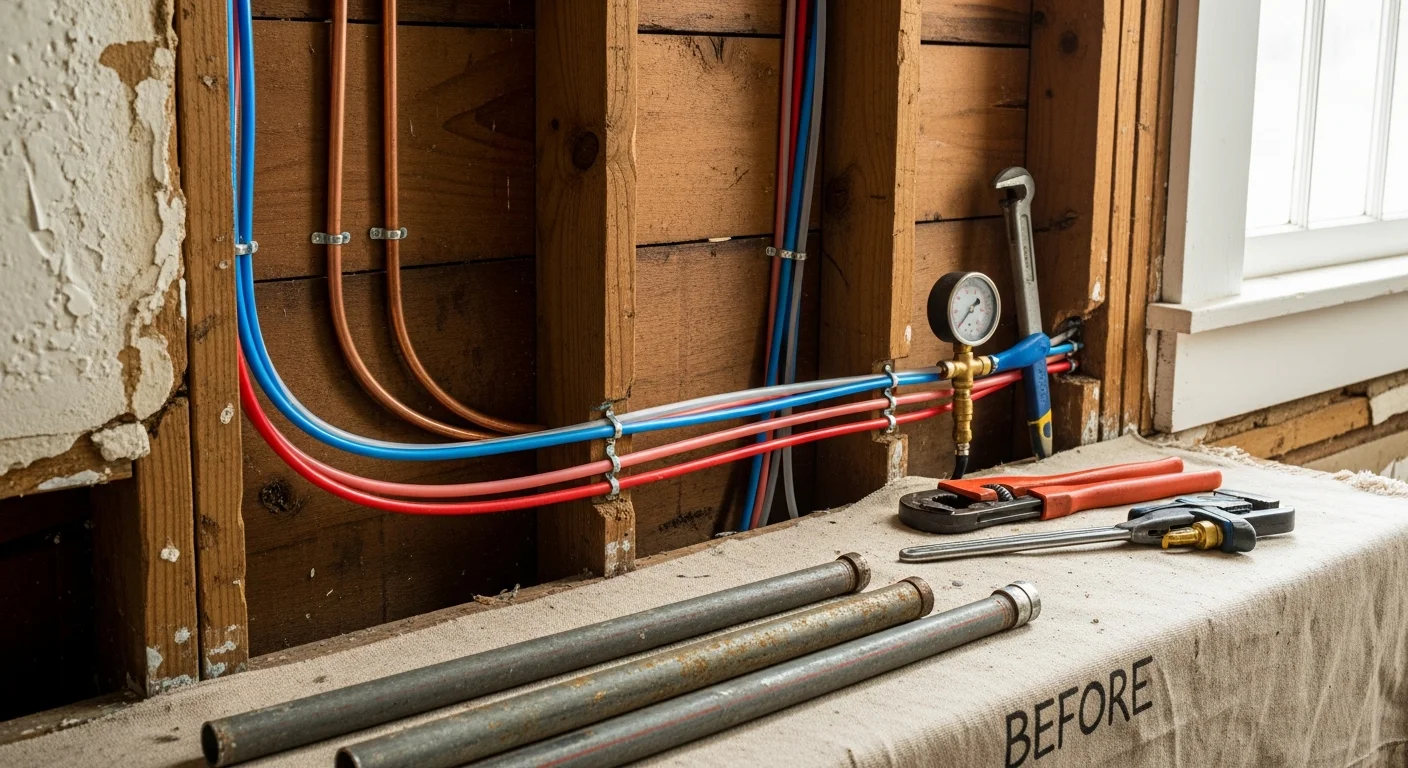 A Putts Plumbing plumber replacing aging galvanized pipes inside the wall of a historic Craftsman bungalow in Hellman Bluff, Long Beach. New supply lines run through an open wall cavity during a whole-home water repiping project.